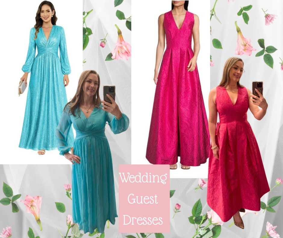Discover your perfect cocktail dress or formal gown in this beautiful collection—ideal for celebrating a wedding! 💕 
While I really like how the aqua dress looks on me, the pink one is my favorite. I adore its structure and pattern, and I love that it has hidden pockets. 
The aqua dress looks a bit different from the picture on the website. It's not quite as shimmery as it appears online. Instead of sequins, it has silver thread running through the fabric, giving it a subtle shine. Overall, I think it’s a nice choice. It features built-in cups, a flattering waistline, and see-through sleeves that add a lovely touch.

#LTKFindsUnder50

#LTKValentine #LTKSaleAlert