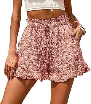 BTFBM Women's Casual Shorts Elastic High Waist Ruffle Hem Floral Print Comfy Summer Beach Short L... | Amazon (US)