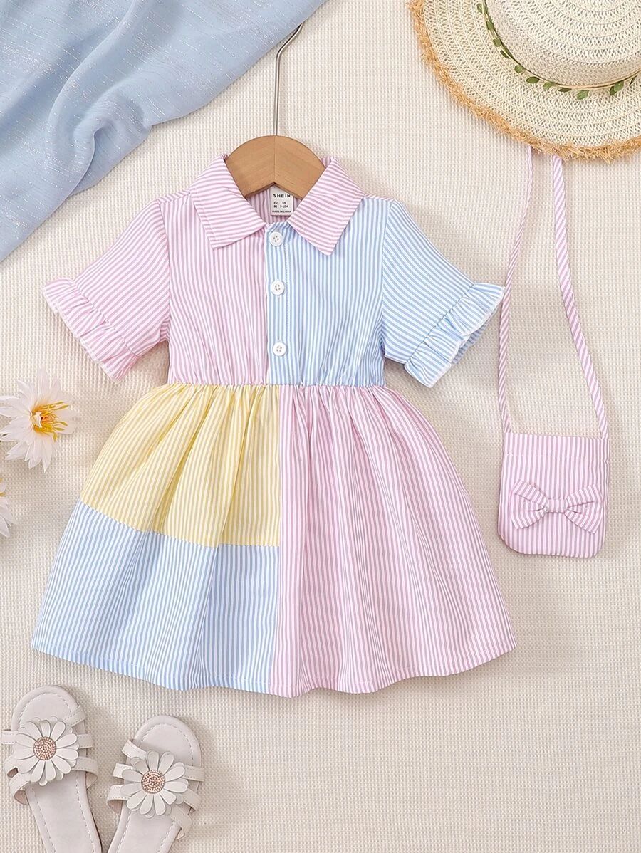 Baby Girl Striped Print Colorblock Flounce Sleeve Shirt Dress With Accessory Bag | SHEIN