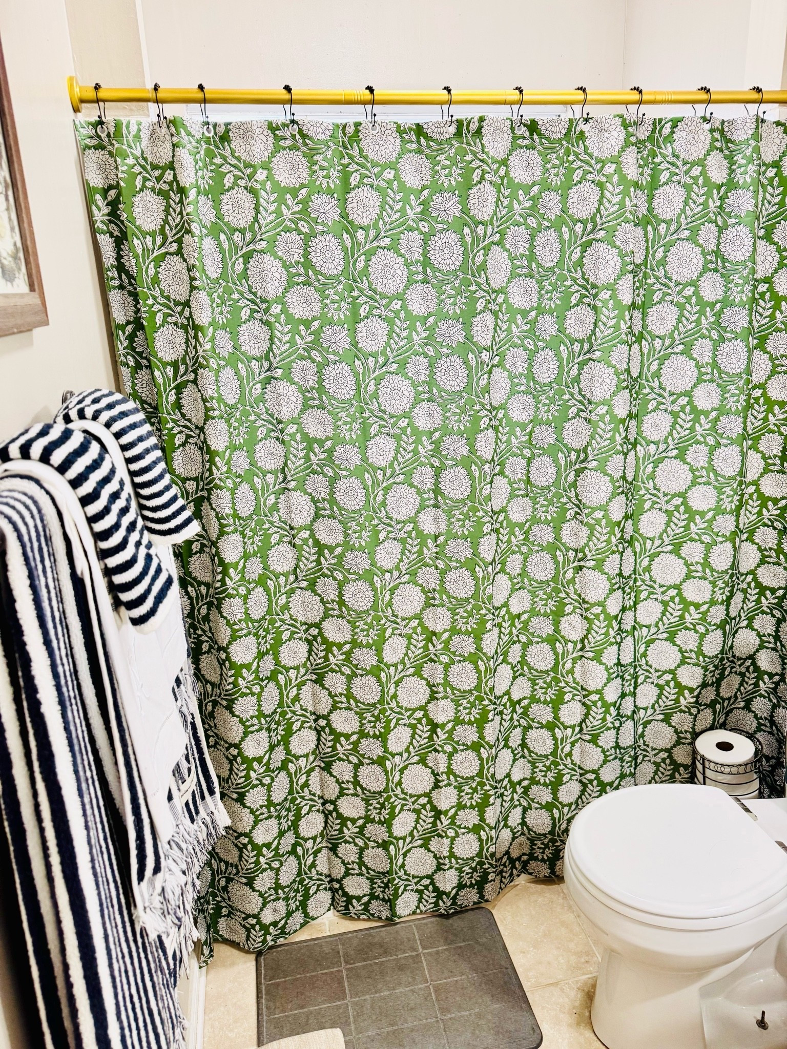 Working on my bathroom glow up! Check out this shower curtain! Such a great designer dupe-