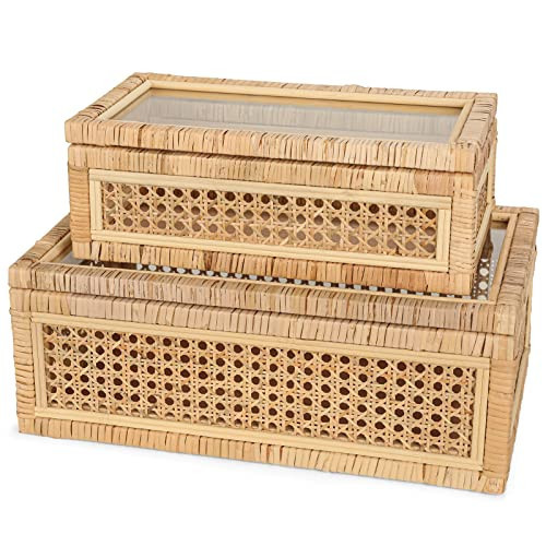 Large Handwoven Boho Rattan Display Boxes with Glass Lids - Set of 2 Rectangular Decorative Storage Bins - Natural Woven Cane Home Decor Organizers (15.55" x 9.64" x 5.9" & 12.48" x 6.88" x 4.52") | Amazon (US)