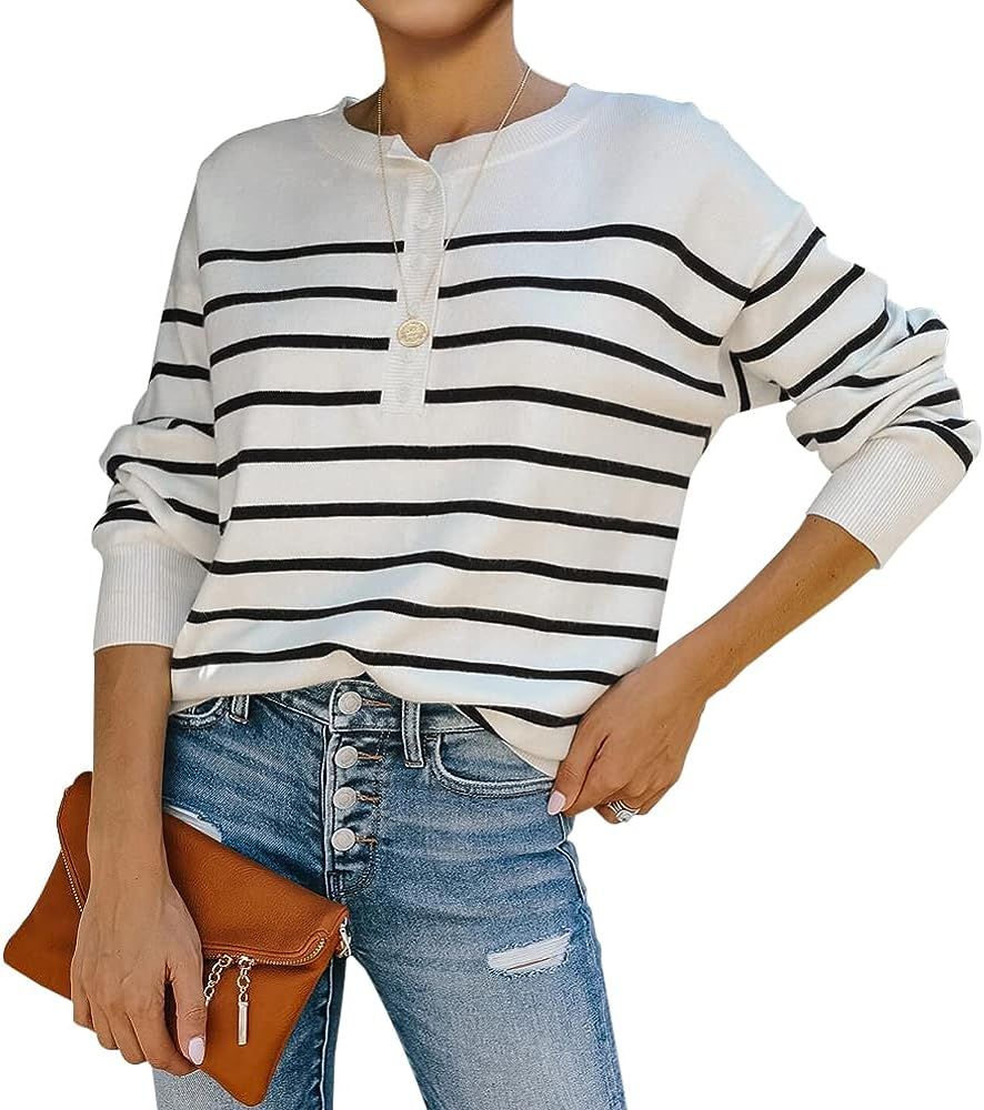 Womens Striped Henley Sweaters Soft Lightweight Long Sleeve Crew Neck Loose Fit Knit Pullover Tops | Amazon (US)