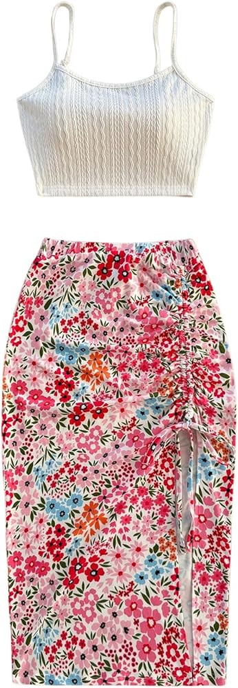 MakeMeChic Women's Floral 2 Piece Outfit Spaghetti Strap Crop Tops and Ruched Split Midi Skirt Se... | Amazon (US)