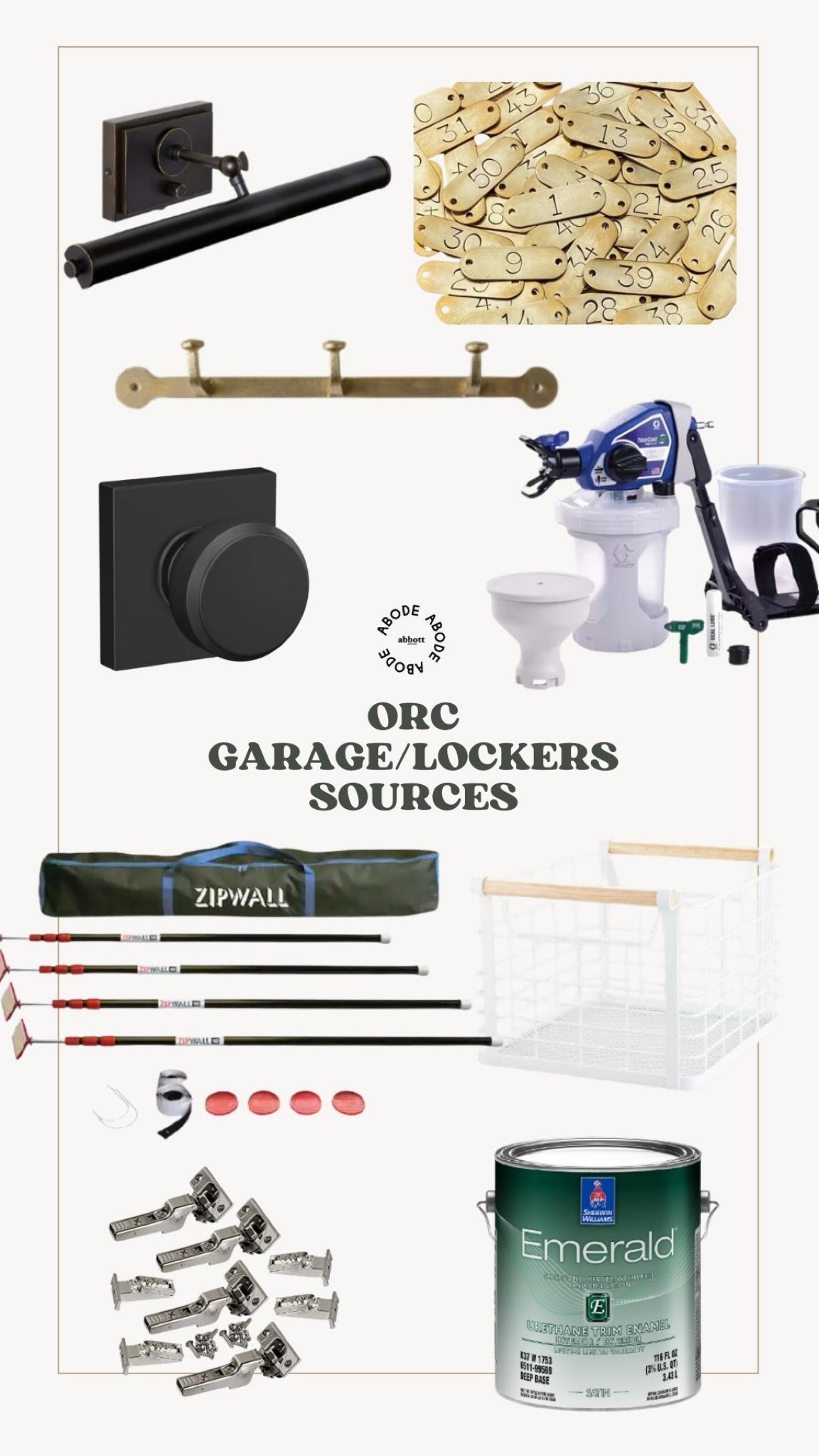 Sources from our garage mudroom lockers build: brass wall hooks, brass locker number tags, white wire storage baskets, cordless paint sprayer, zipwall, picture lights, soft close inset cabinetry hinges, and hardware.

#LTKHome
