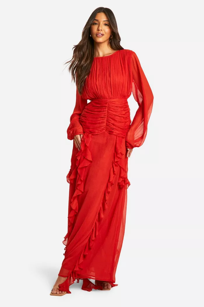 Crinkle Chiffon Ruffle Maxi Dress | boohoo (US & Canada)