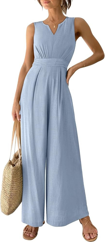 ANRABESS Jumpsuits for Women 2024 Summer Casual Sleeveless V Neck High Waist One Piece Linen Romp... | Amazon (US)