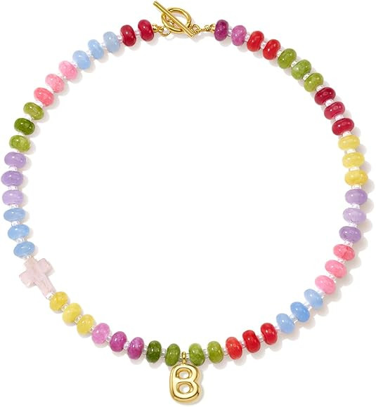 Ava Riley Valentine's Day Gift, Beaded Necklace With Initial, Colorful Gemstone Bubble Necklace L... | Amazon (US)