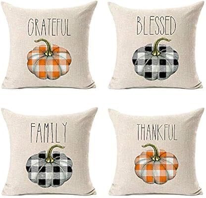 MFGNEH Grateful Blessed Family Thankful Fall Pillow Covers 18x18 Set of 4,Fall Decorations Buffal... | Amazon (US)