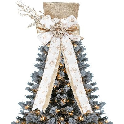 Beige Christmas Tree Topper Bow, 9.84" Glitter Tree Decoration with Spruce Branch, Holiday Bow Ornament for Christmas Tree or Snowman | Target