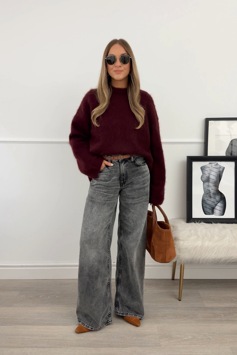 Autumn outfit idea: Burgundy jumper, grey wide leg jeans & tan suede bag and boots 🍂

Jumper: xs
Jeans: 6 short 
Belt: 75

#LTKautumn #LTKstyletip #LTKluxury