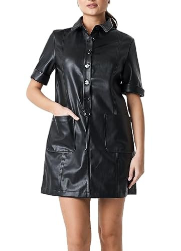 EZAPINE Women Faux Leather Mini Dress Short Sleeve Button Up Lapel Collar Party Shirt Dress with Pockets Black | Amazon (US)