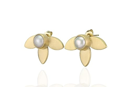 Bezel Set Freshwater White Pearl Earrings - Gold Flower Design - Handmade Leaf Studs - Elegant Bridal Jewelry - Perfect for Women Seeking Sophistication | Amazon (US)