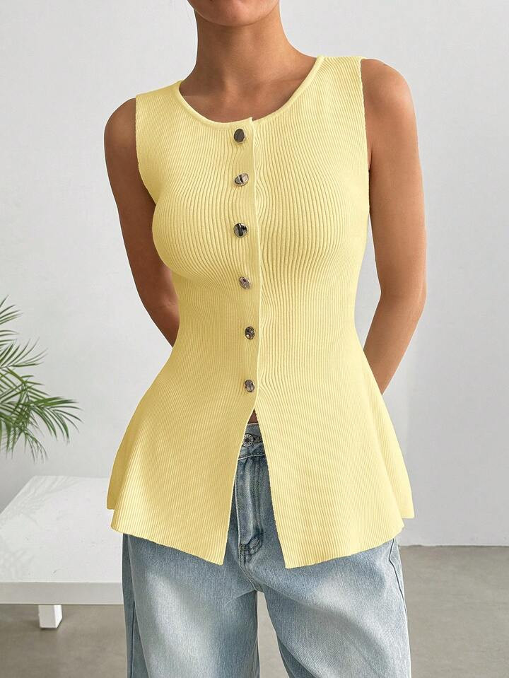 SHEIN EZwear Plus Size Yellow Sleeveless Knitted Vest Top, Cooling For Summer | SHEIN