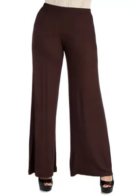 24seven Comfort Apparel Women's Comfortable Solid Color Palazzo Pants, Brown, Large | Belk