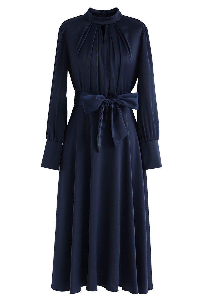 Grab the Spotlight Bowknot Satin Dress in Navy | Chicwish