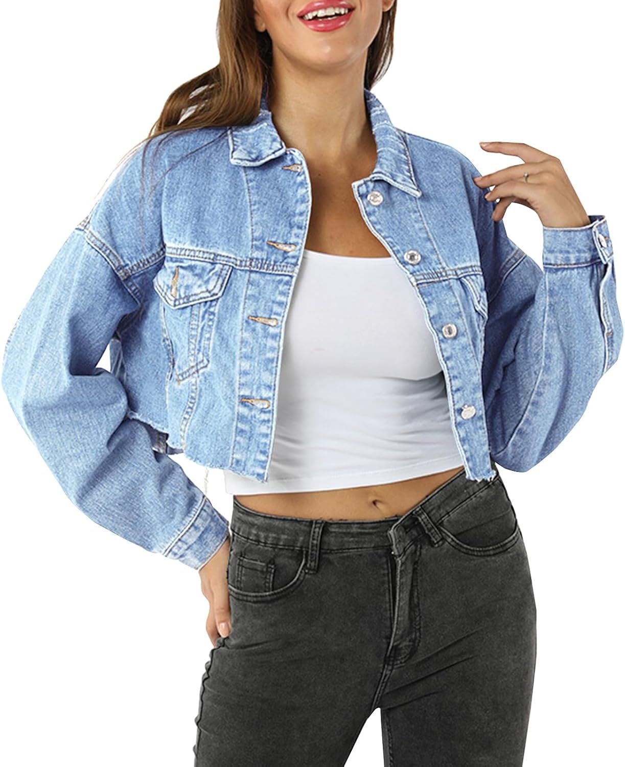 LONGYIDA Denim Jackets for Women Button Down Cropped Frayed Jean Jacket Long Sleeve Distressed Ri... | Amazon (US)