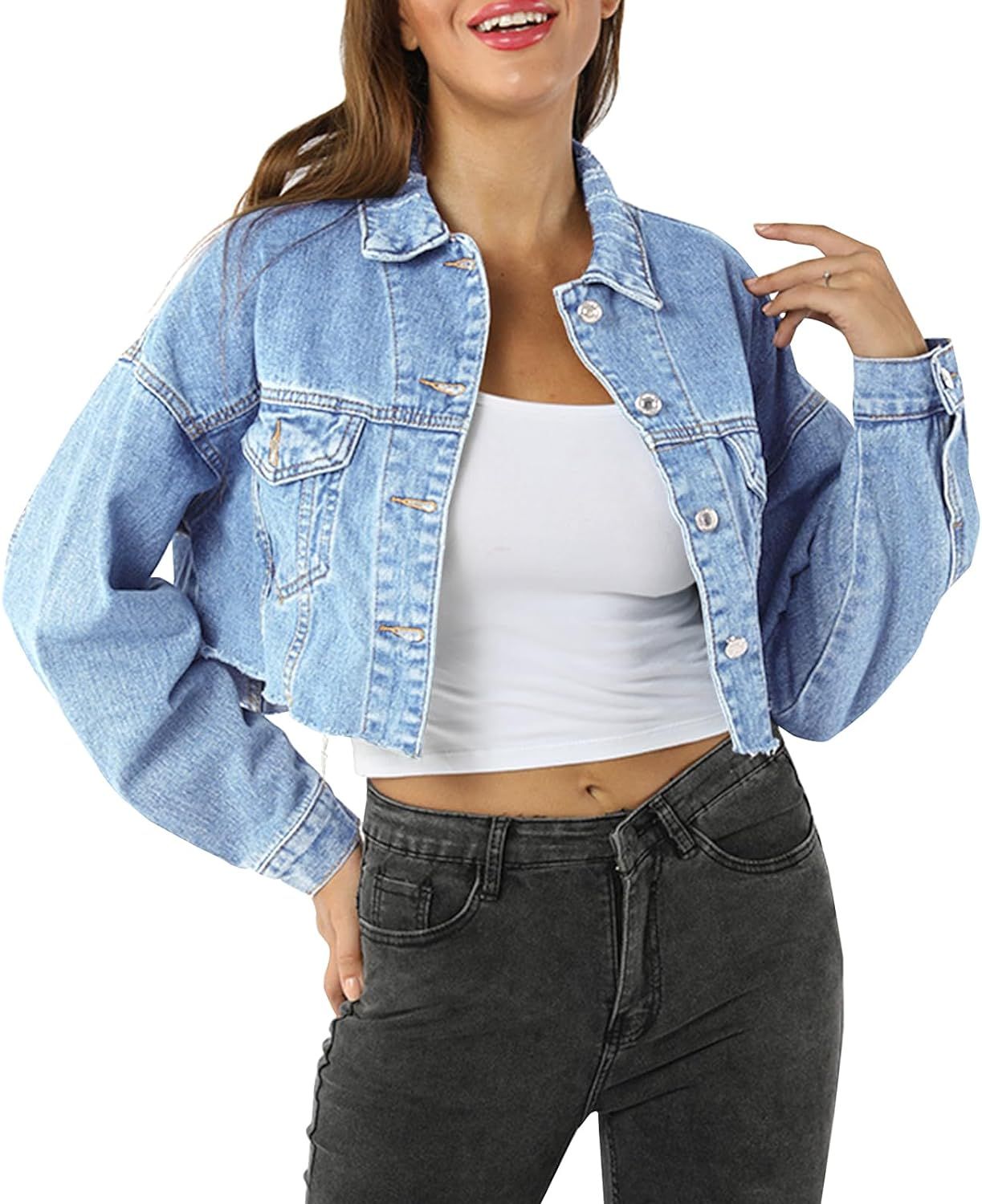 LONGYIDA Denim Jackets for Women Button Down Cropped Frayed Jean Jacket Long Sleeve Distressed Ri... | Amazon (US)