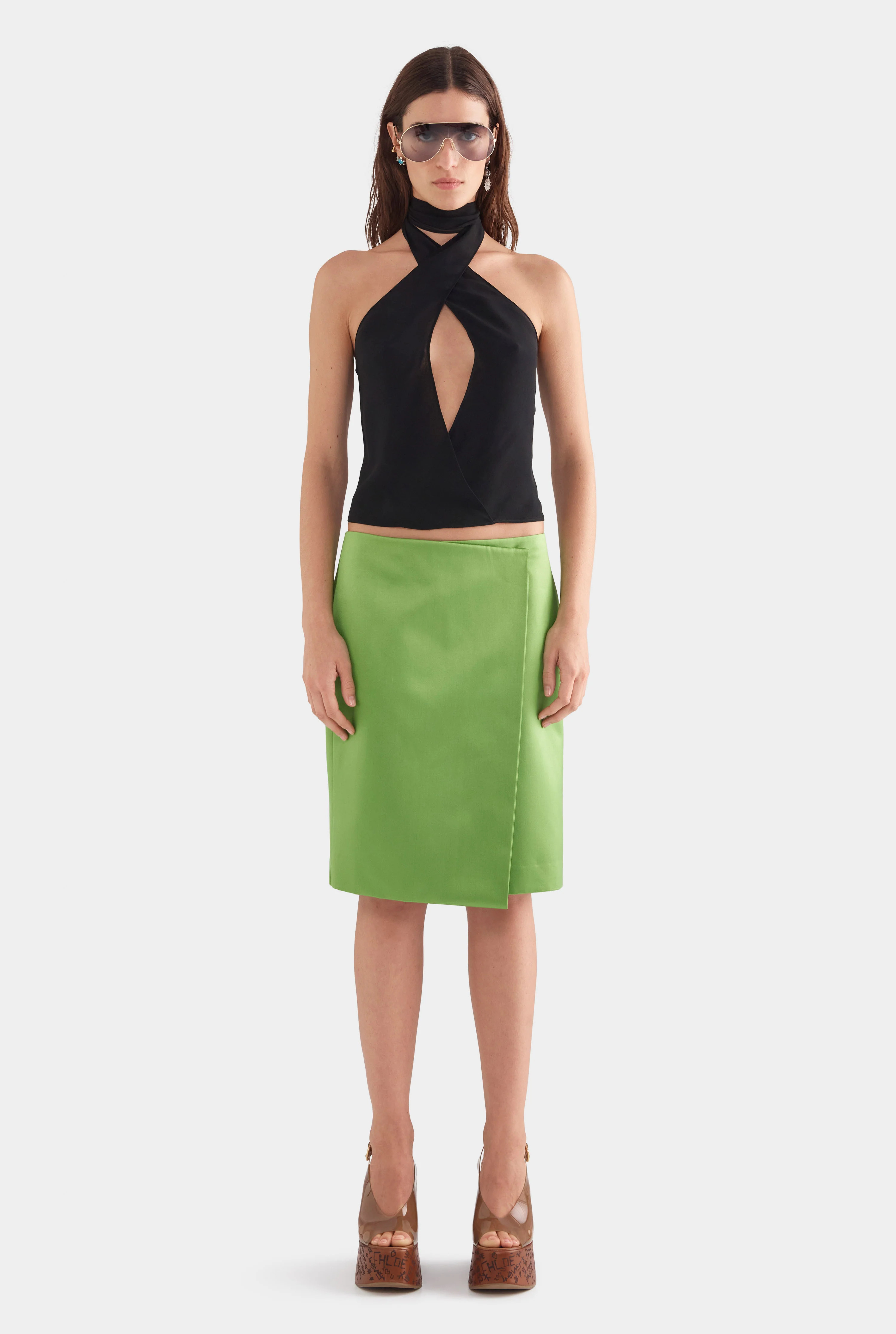Womens Wrap Silk Cotton Skirt in Leaf Green | Venroy | Venroy AU