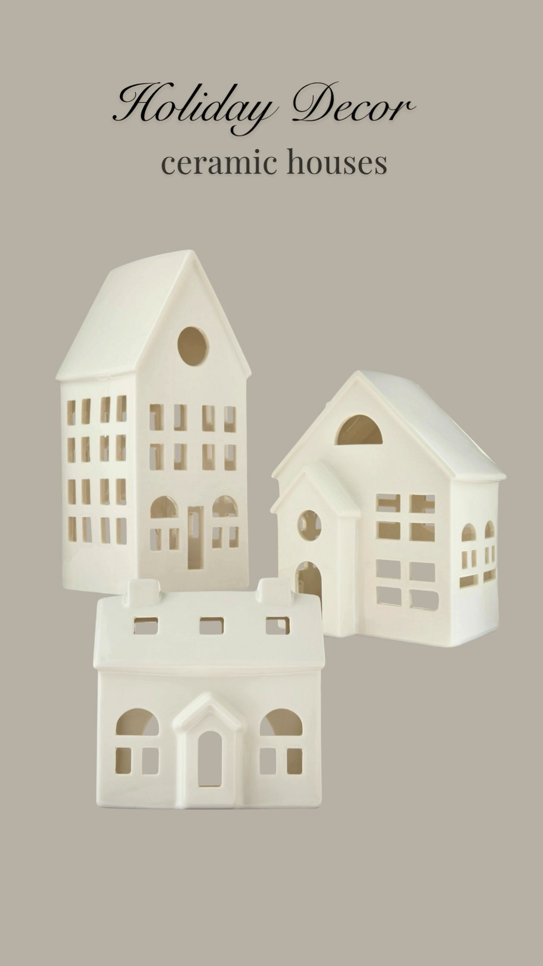 These adorable houses feature cutout doors and windows that cast a soft glow with tealight candles. Made of ceramic, you can place these houses on a tabletop or entryway table for a warm, festive display. Stockings, artwork, candlesticks, candle, coffee mug, cedar, pine, wreath, garland, bells, christmas tree, throw blanket, pillow, houses, holiday gift, gift list

#LTKHoliday #LTKSeasonal