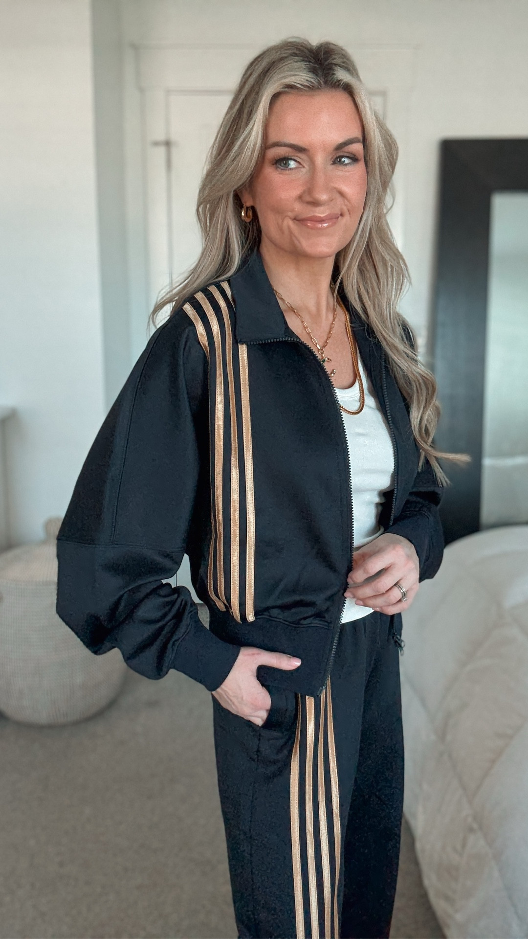 Soft and comfy track suit (currently on SALE). Wearing size small. Used code interstatestyle_12 at checkout. 

Necklaces - Sequin Jewelry code: CRYSTAL20