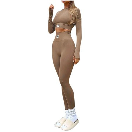 Two-Piece Sweatset Workout Sets for Women 2 Piece High Waisted Seamless Leggings with Stretchy Sports Long Sleeve Cropped Tops Sets Gym Suits S-196 Brown S | Walmart (US)