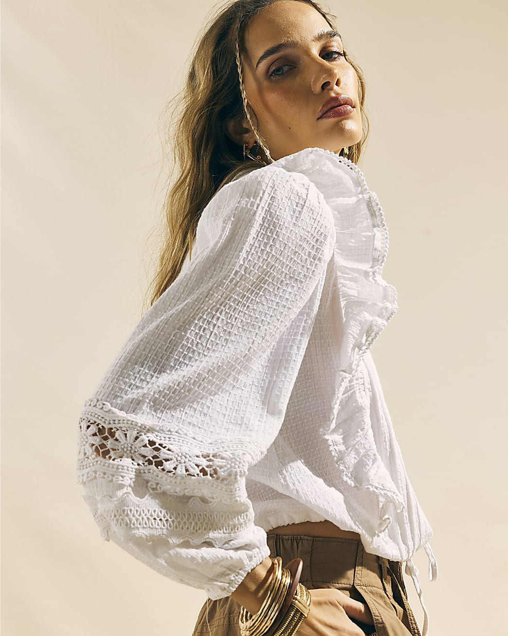 Cream Long Sleeve Ruffle Blouse | River Island UK & IE