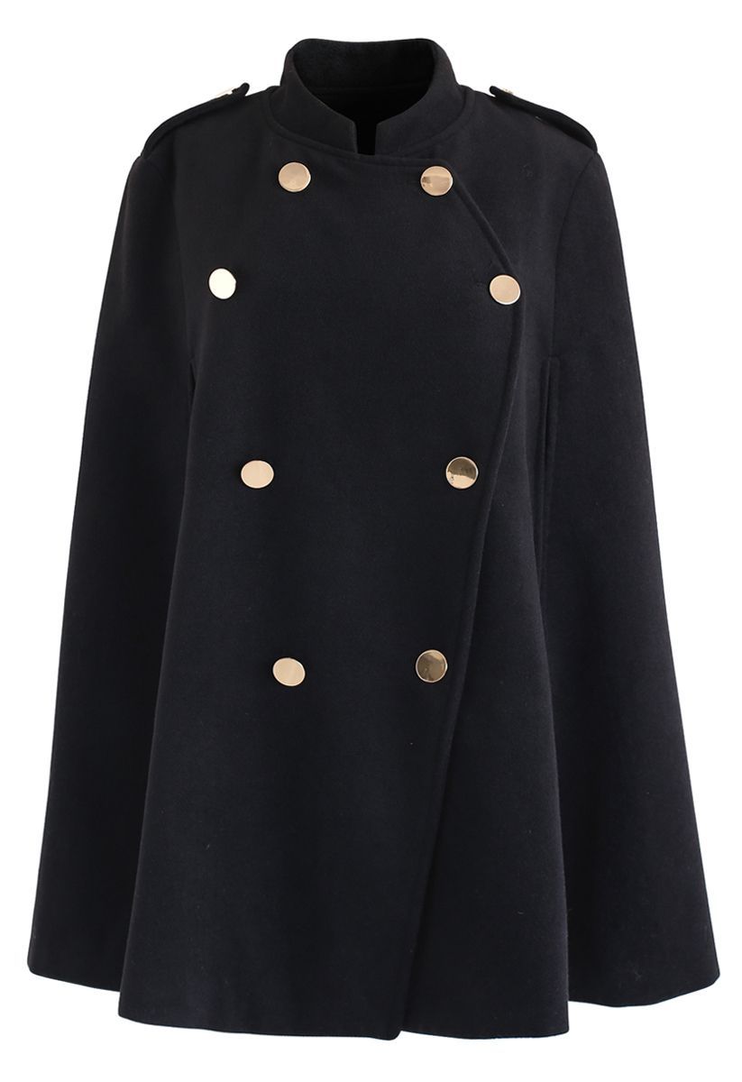 Double-Breasted Cape Coat in Black | Chicwish