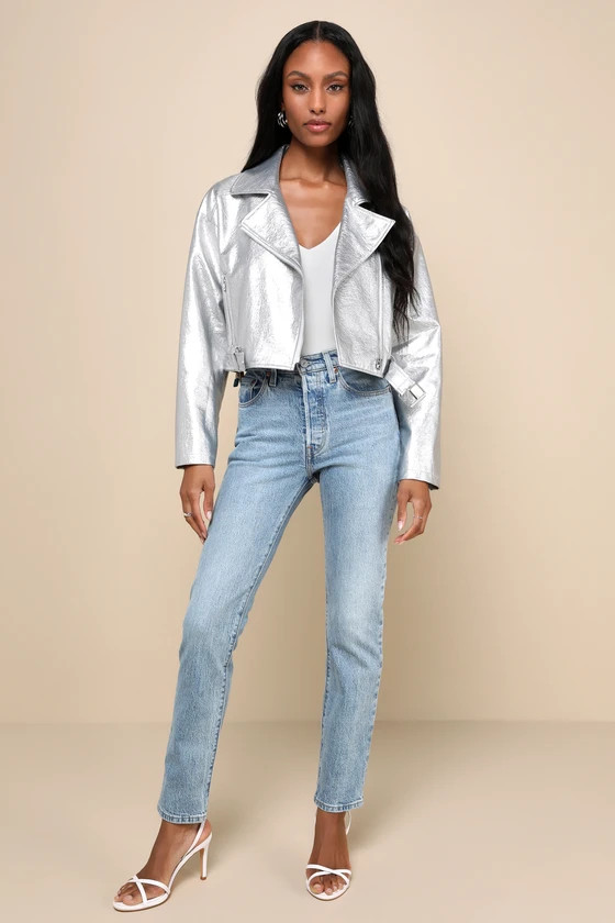 Polished Impression Silver Metallic Vegan Leather Moto Jacket | Lulus