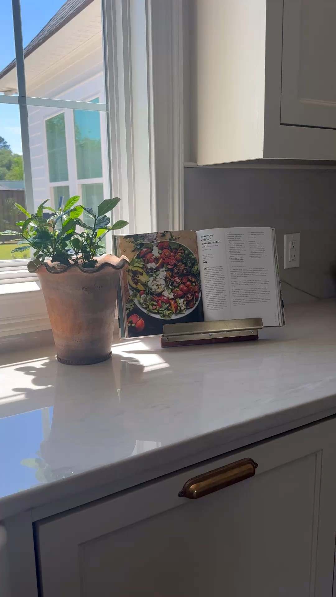 Easiest way to add a pop of color to your kitchen.. add a kitchen decor book and open to beautiful food picture on a book stand. Also add a terracotta pot with a plant next to it. 

#LTKHome