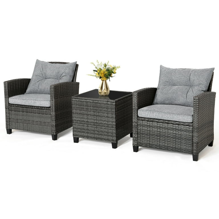 Gymax 3PCS Patio Rattan Sofa Set Outdoor Wicker Conversation Set Glass Tabletop w/ Grey Cushion | Walmart (US)