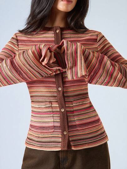 LYSMO 2025 Autumn And Winter New Style/Women's Striped Round Neck Long Sleeve Single-Breasted Poc... | SHEIN