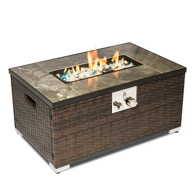 15'' H x 32'' W Outdoor Propane Fire Pit Table with Metal Cover Lid and Marble Texture Top | Wayfair North America