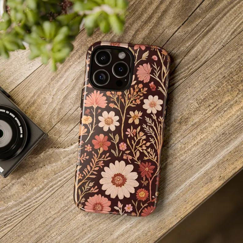 Fall Floral Phone Case Cute Boho Retro Autumn Botanical Vintage Style Faux Embroidered iPhone 16 ... | Etsy (US)