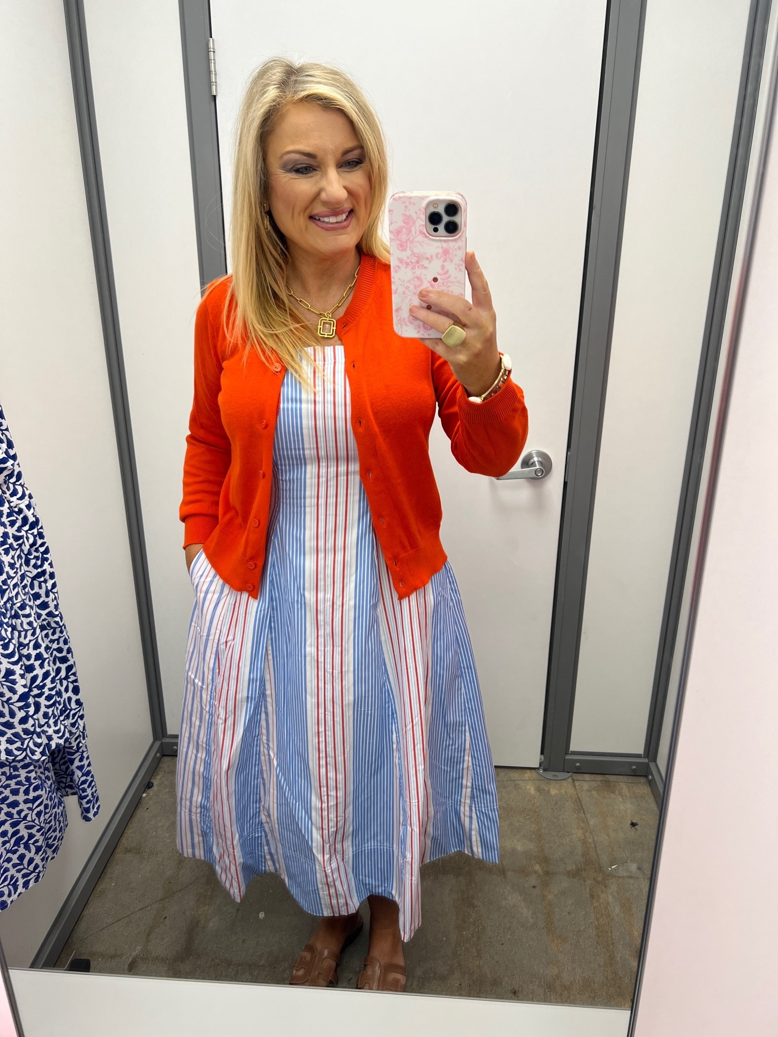 Spaghetti strapped striped dress, zips and ruching in back, has pockets …red white and blue for the 4th of July!  I’m wearing a medium, true to size.  (Available XS-4X) I paired it with this cardigan for a work appropriate look, also in medium.

#LTKOver40 #LTKMidsize #LTKWorkwear