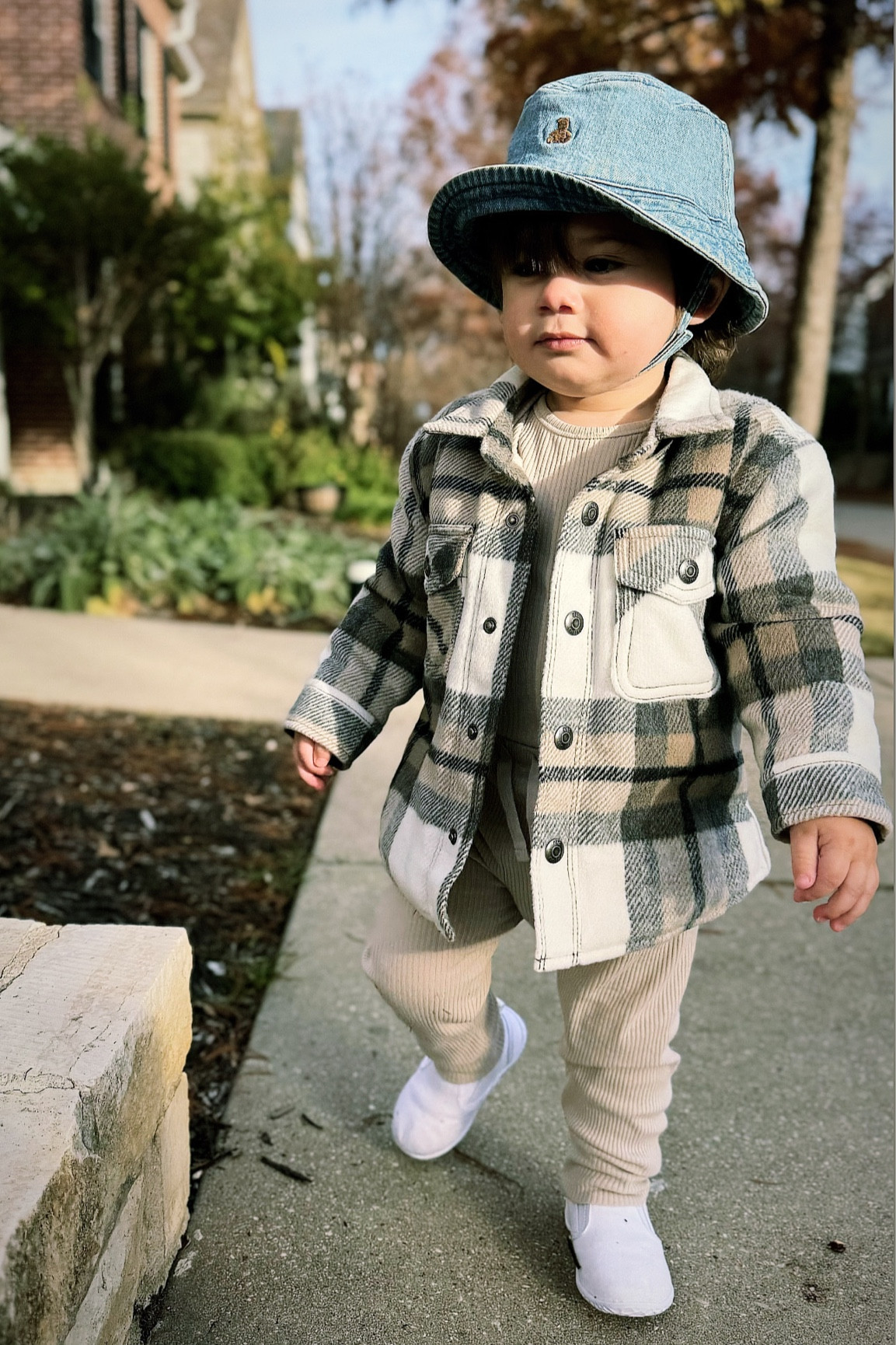 Casual toddler boy outfit. P is wearing a ribbed onesie and pant set, plaid shirt jacket, and denim bucket hat from gap.

#LTKSeasonal #LTKbaby #LTKkids