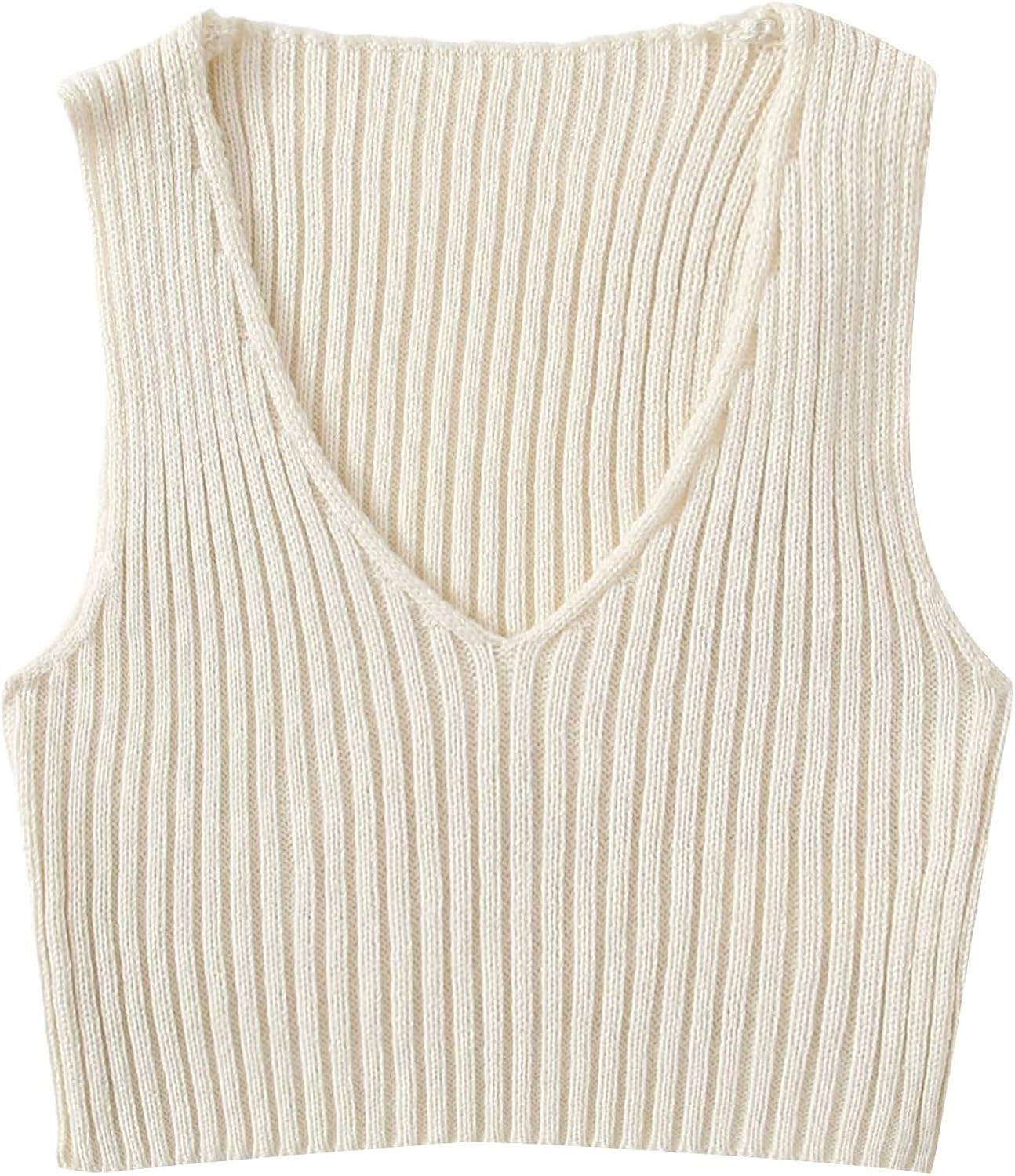 SweatyRocks Women's Ribbed Knit Crop Sleeveless V-Neck Sweater Vest Crop Tank Top | Amazon (US)