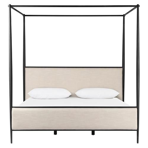 Isabella Modern Classic Cream Upholstered Black Iron Canopy Bed - Queen | Kathy Kuo Home