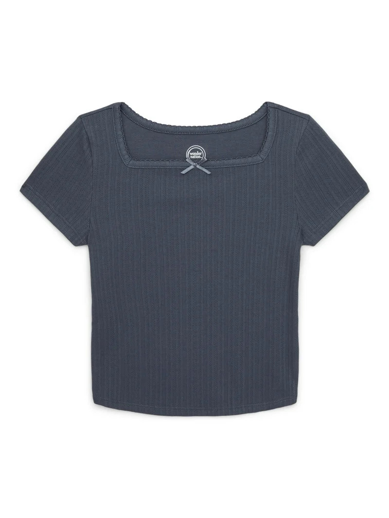 Wonder Nation Girls Square Neck Top with Short Sleeves, Sizes 4-18 | Walmart (US)