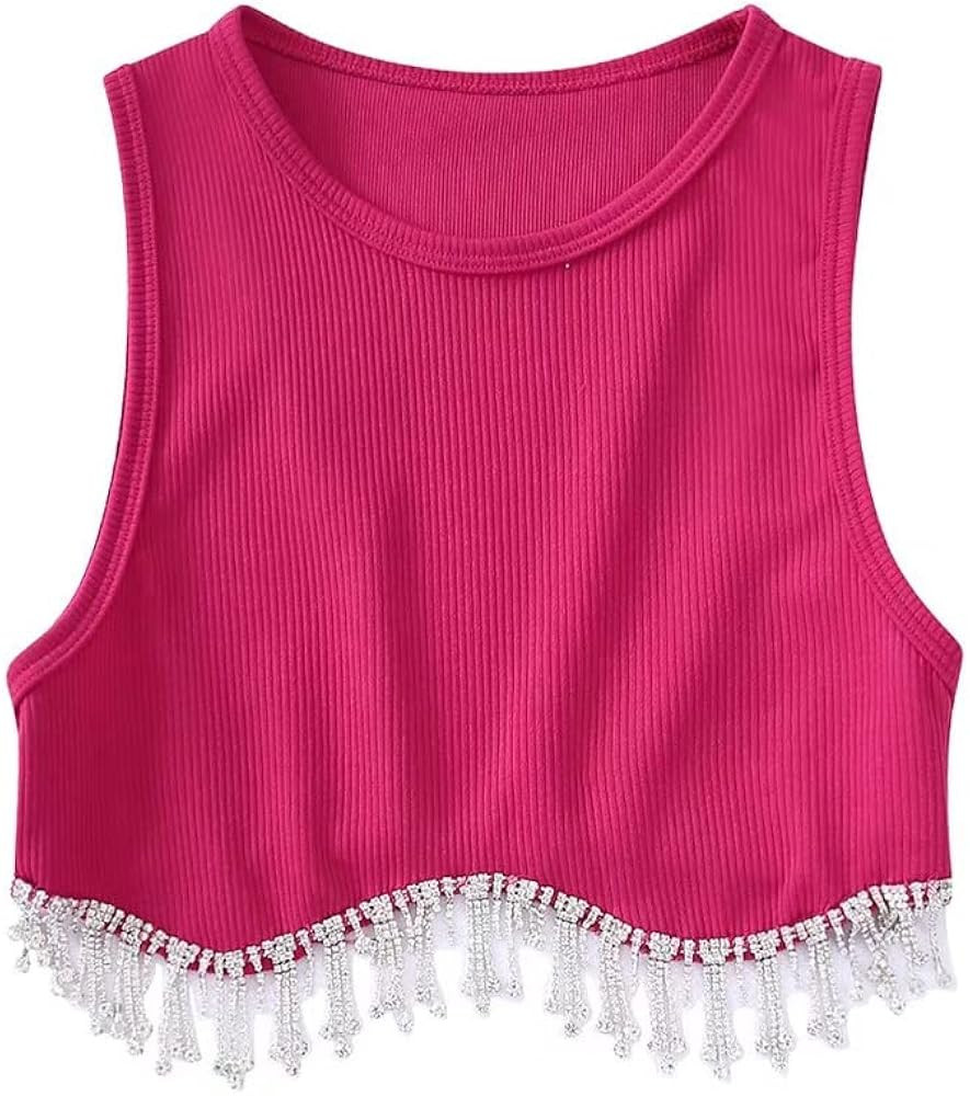 Meladyan Women Sexy Rhinestone Beading Tassel Trim Crop Tank Top Sleeveless Ribbed Knit Cropped Vest | Amazon (US)