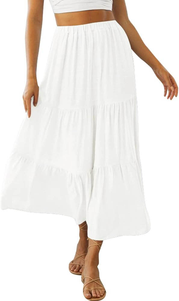 ZESICA Women's 2023 Summer Plaid Elastic High Waist Flowy A Line Maxi Skirt with Pockets | Amazon (US)