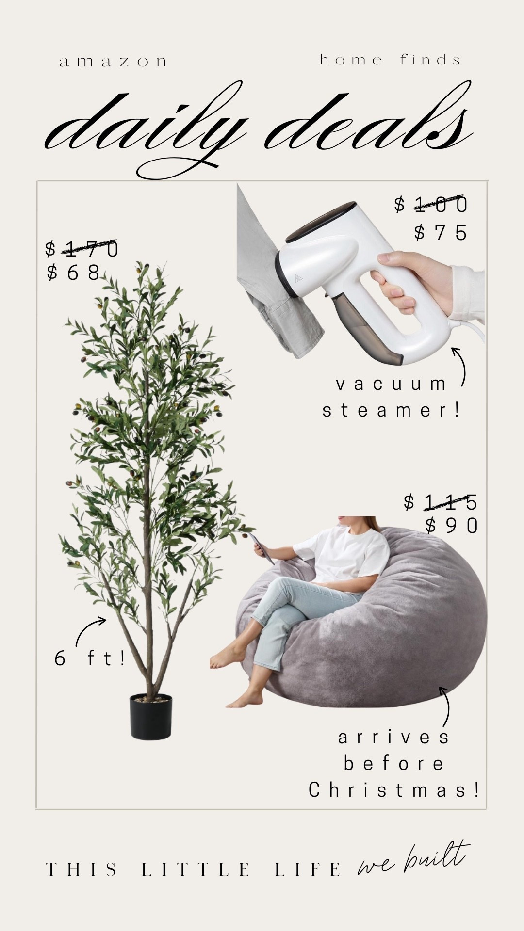 Amazon daily deals! 


Faux olive tree, Amazon home, affordable home, gift ideas, bean bag, steamer, holiday essentials 

#LTKSaleAlert #LTKHoliday #LTKGiftGuide