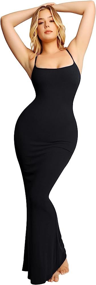 Popilush Women's Maxi Bodycon Dress Built in Bra Backless Spaghetti Strap Basic Tight Slip Long D... | Amazon (US)