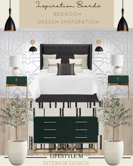 Green and fresh bed room design inspiration. Recreate the look at home! Green dresser, green night stand, black upholstered bed, white tree planter, faux fake tree, white bed room stripes rug, bed room bench, throw pillow, table lamp, black pendant light, black wall sconce light. 

#LTKstyletip #LTKFind #LTKhome