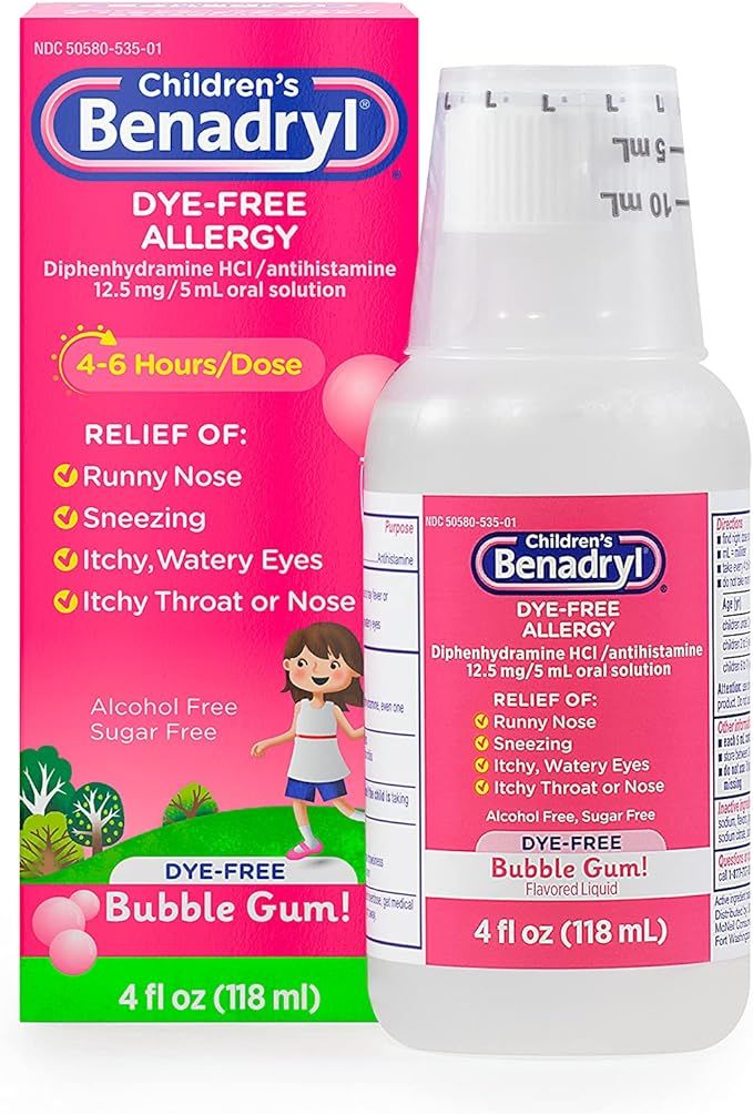 Children's Benadryl Dye-Free Allergy Liquid, Diphenhydramine HCl, Bubble Gum, 4 fl. oz | Amazon (US)