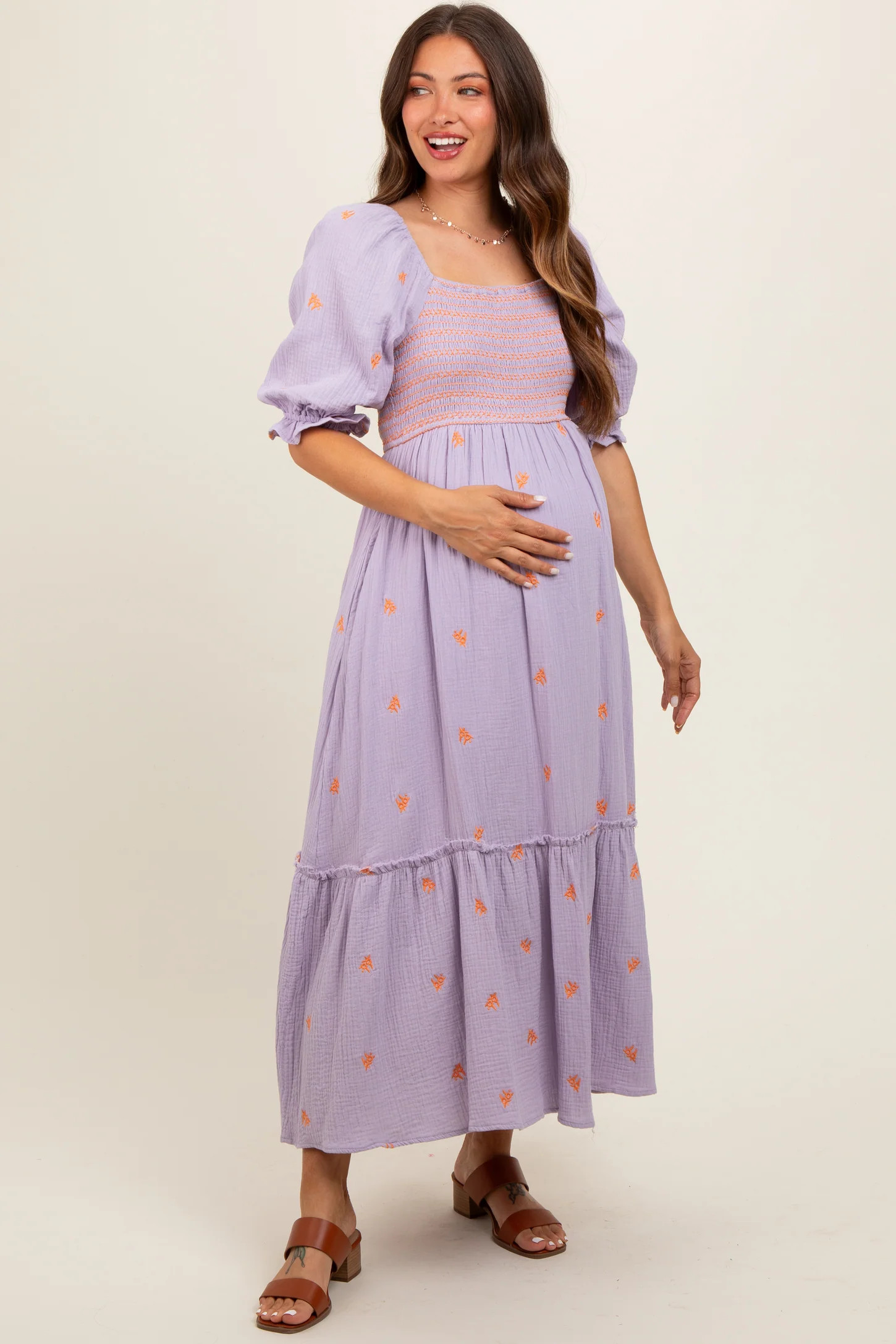 Lavender Gauze Smocked Embroidered Square Neck Maternity Midi Dress | PinkBlush Maternity