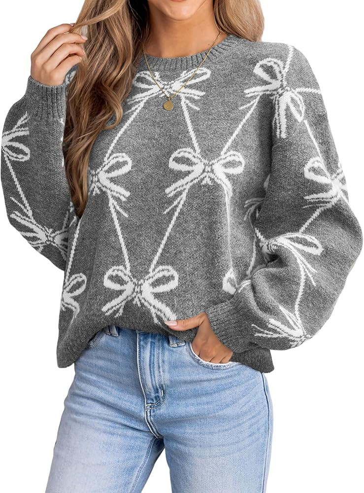 CUPSHE Womens Fall Sweaters Casual Bow Crew Neck Puff Long Sleeve Holiday Pullover Knitted Top Sw... | Amazon (US)