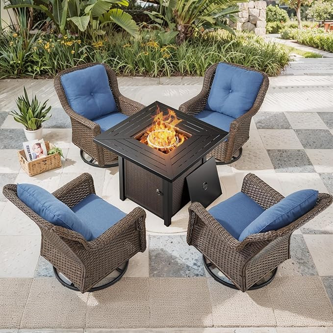 Patio Resin Wicker Furniture Set with Fire Pit Table, PE Rattan Swivel Patio Chairs with Propane ... | Amazon (US)