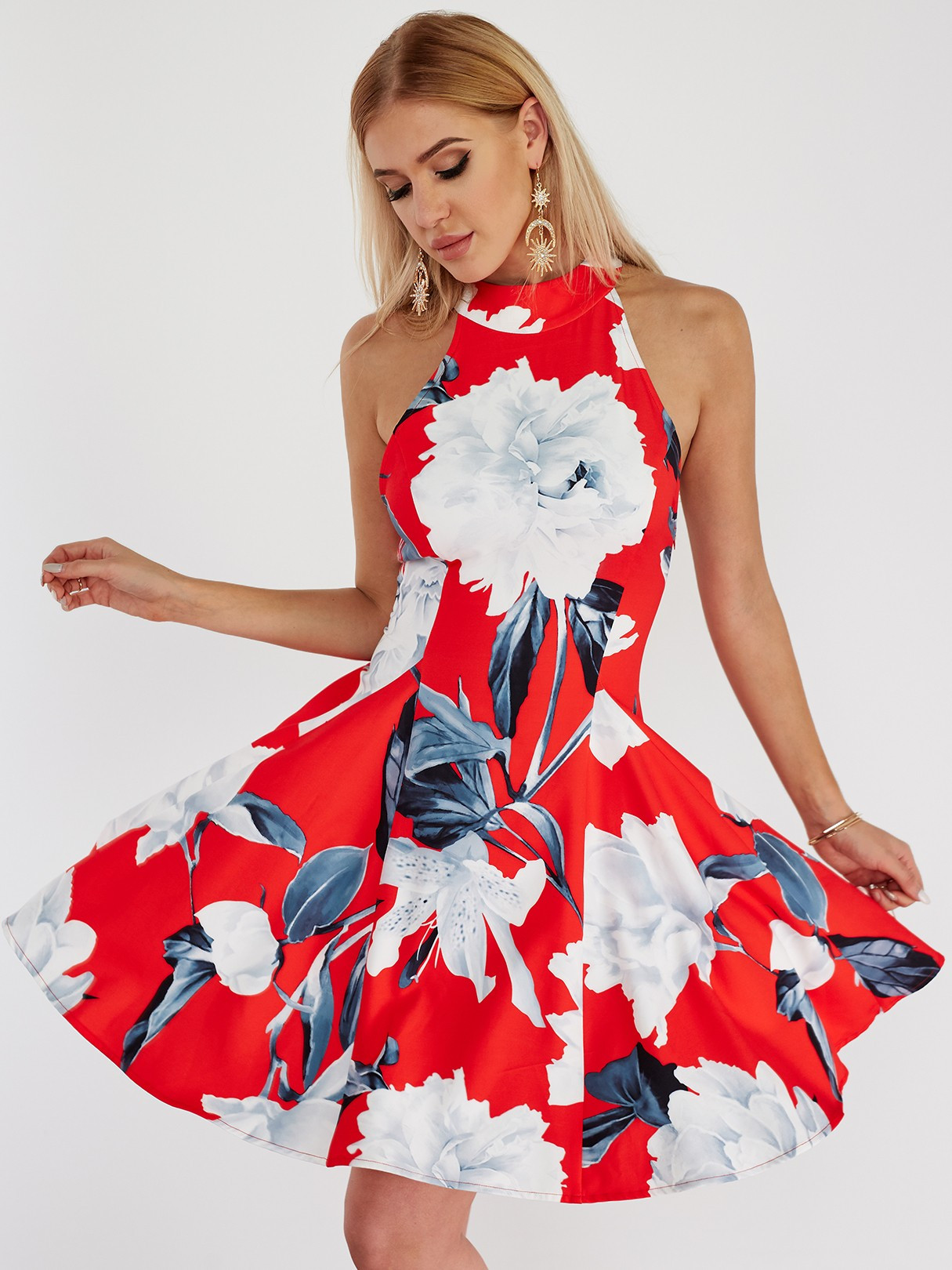 Red Halter Neck Blackless Floral Skater Dress | YOINS