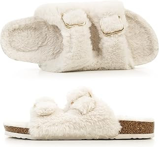 FITORY Womens Open Toe Slipper with Cozy Lining,Faux Rabbit Fur Cork Slide Sandals Size 6-11 | Amazon (US)