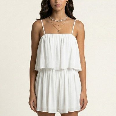 Anna-Kaci Women's Sleeveless Layered Chiffon Romper with Spaghetti Straps Flowy Ruffle Overlay Relaxed Fit - Small, White | Target